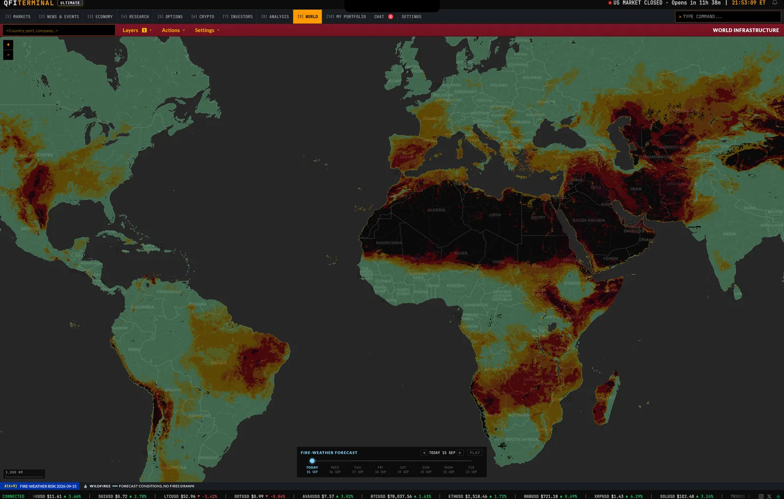 A global fire weather forecast drawn across the world map