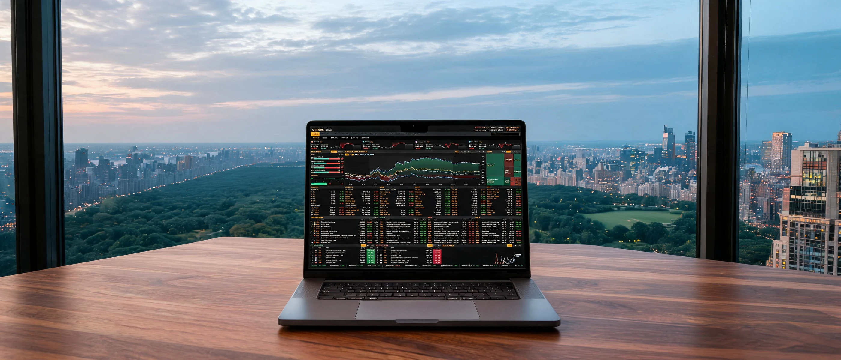 A laptop displaying the QFI Terminal markets dashboard on a natural walnut desk overlooking Central Park at twilight