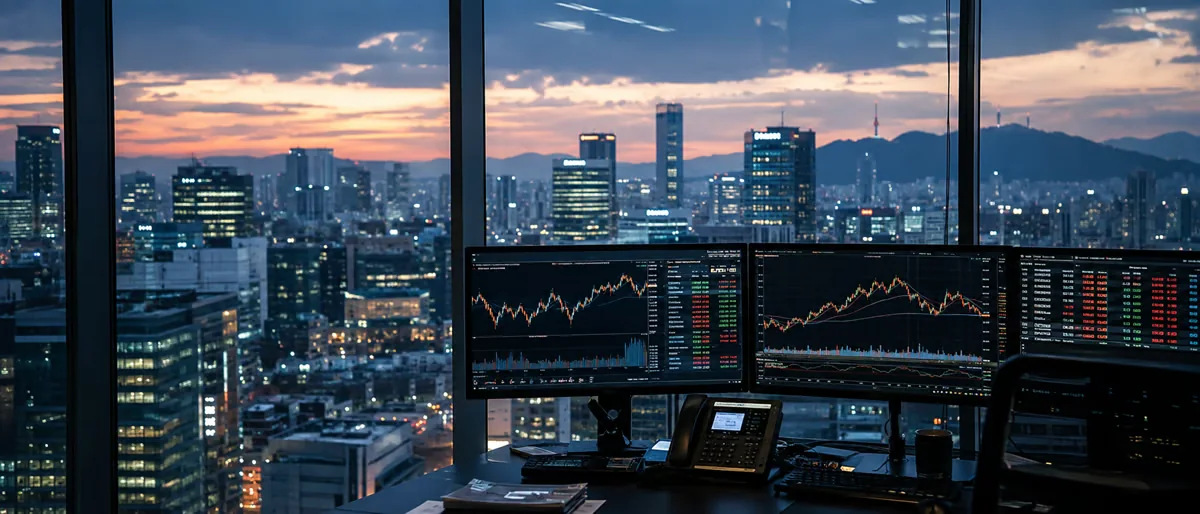 A trading desk at dusk, three screens of charts against a city skyline