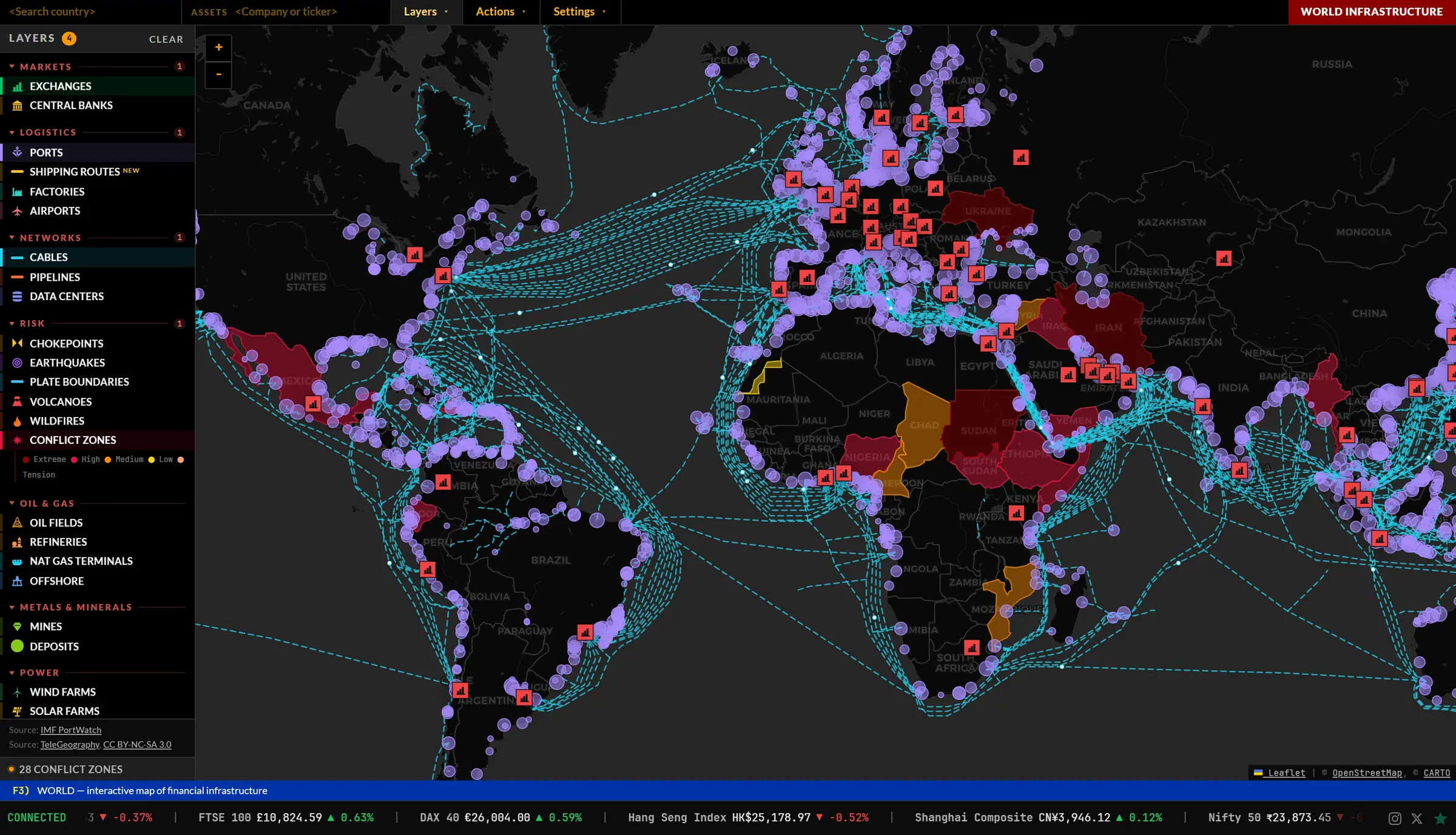 World map with exchanges, ports, submarine cables and conflict zones