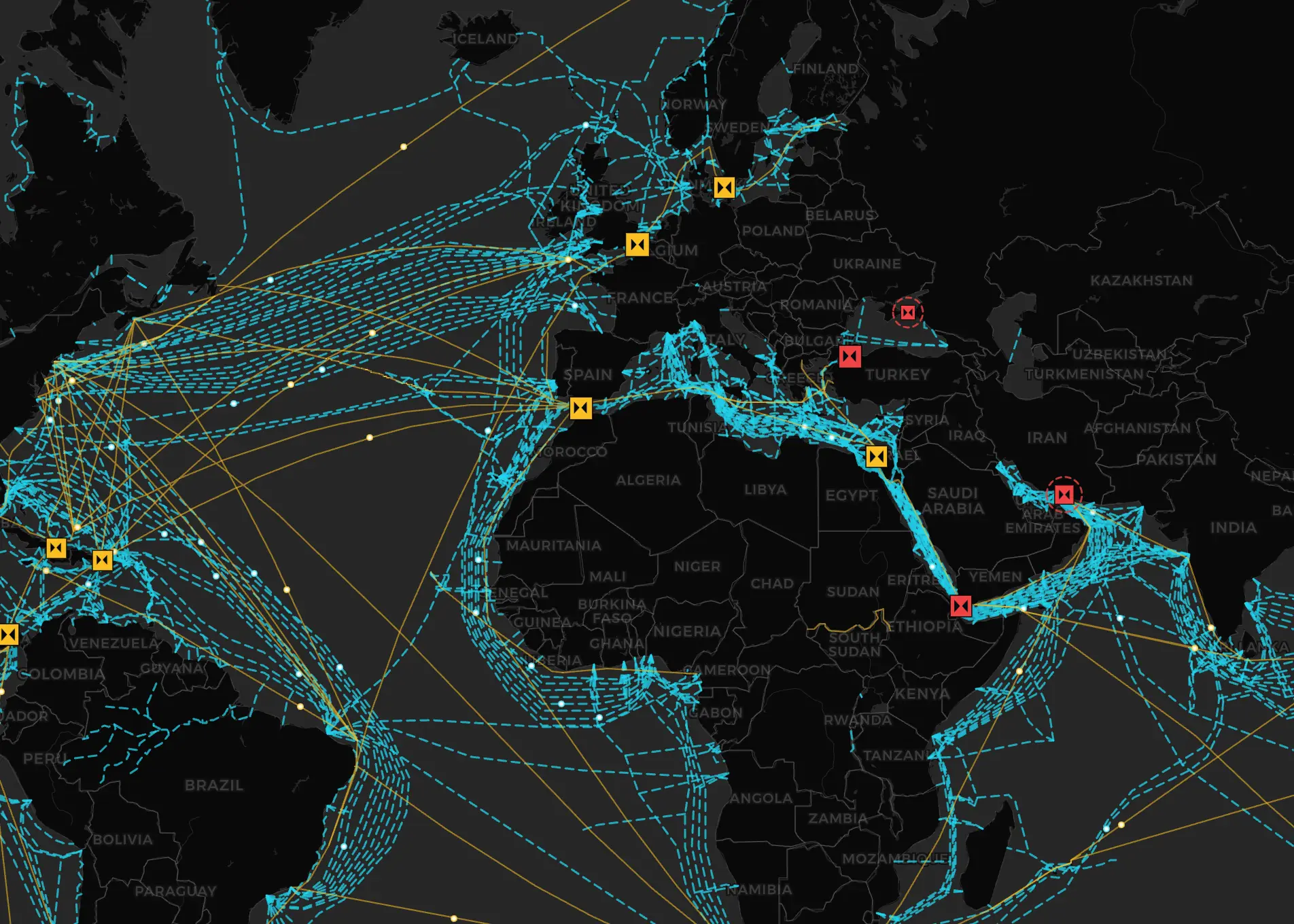 World map with submarine cables, shipping routes and chokepoints